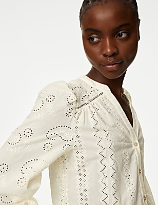 Pure Cotton Broderie V-Neck Blouse