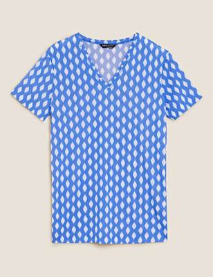Printed V-Neck Longline T-Shirt