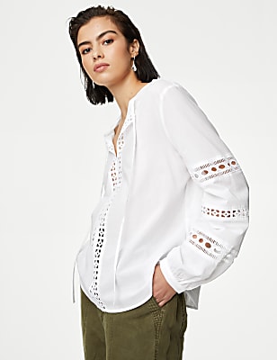 Pure Cotton Broderie Tie Neck Blouse