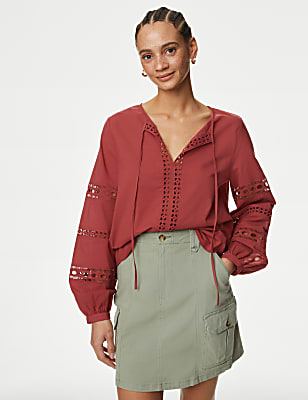 Pure Cotton Broderie Tie Neck Blouse