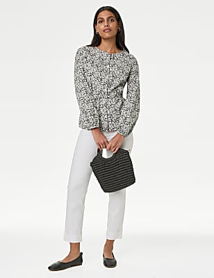 Pure Cotton Printed Crew Neck Tie Front Blouse