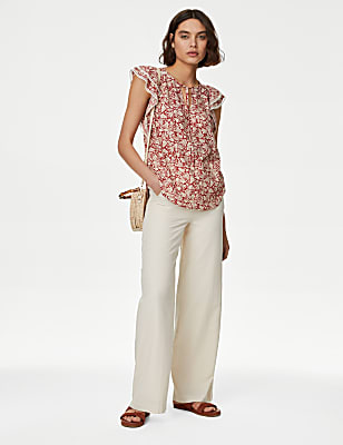 Cotton Blend Printed Tie Neck Blouse