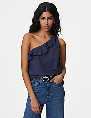 Pure Cotton One Shoulder Frill Detail Blouse