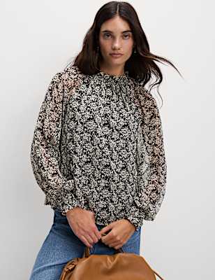 Sheer Floral Printed Long Blouson Sleeve Blouse