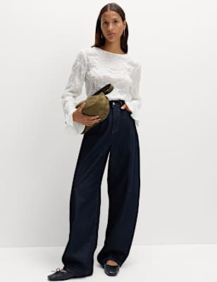 Lace Textured Crew Neck Blouse