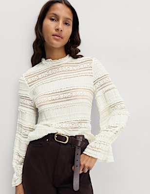 Lace High Neck Blouse with Cotton