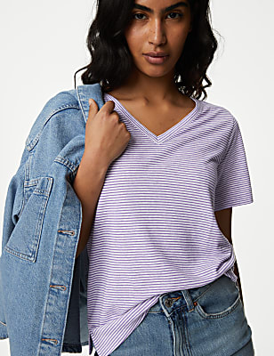 Linen Blend Striped V-Neck Top
