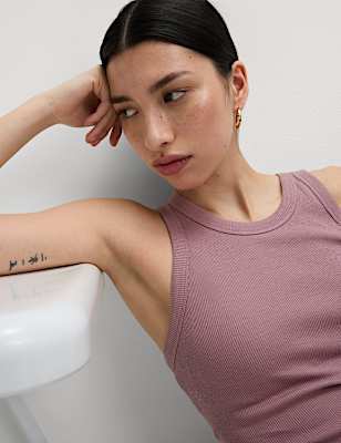 Cotton Rich Ribbed Scoop Neck Bra Vest Top