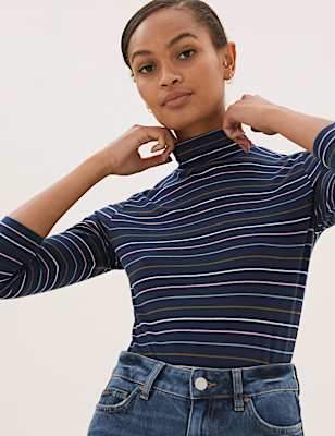 Cotton Rich Striped Funnel Neck Top