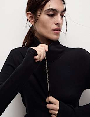 Cotton Rich Ribbed Half Zip Top
