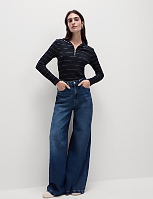 Cotton Rich Striped Ribbed Half Zip Top