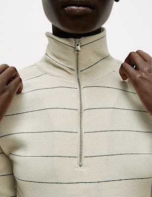 Cotton Rich Striped Ribbed Half Zip Top
