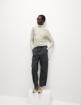 Cotton Rich Striped Ribbed Half Zip Top