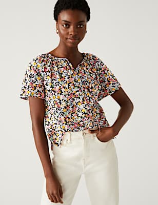 Pure Cotton Printed Tie Neck Blouse