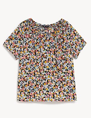 Pure Cotton Printed Tie Neck Blouse