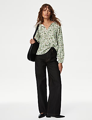 Pure Cotton Printed Tie Neck Blouse