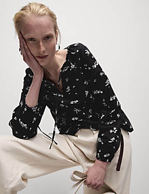 Pure Cotton Printed Tie Neck Blouse