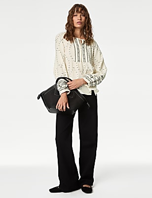Cotton Rich Embroidered Tie Neck Blouse