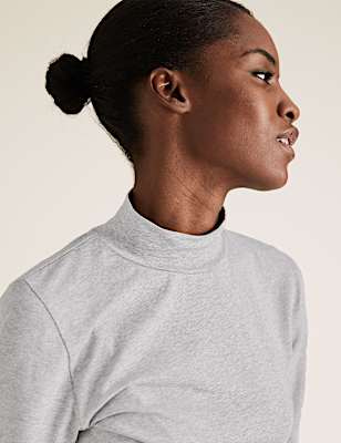 Cotton Funnel Neck Fitted Long Sleeve Top