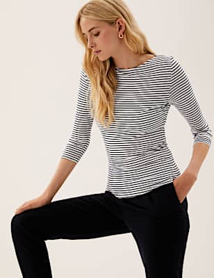 Cotton Rich Striped Slim Fit 3/4 Sleeve Top