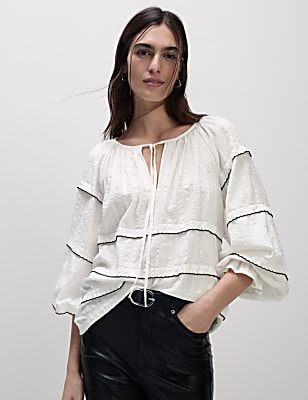Cotton Rich Embroidered Frill Detail Blouse