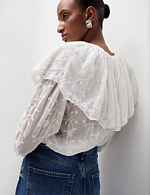 Lace Crew Neck Ruffle Blouse