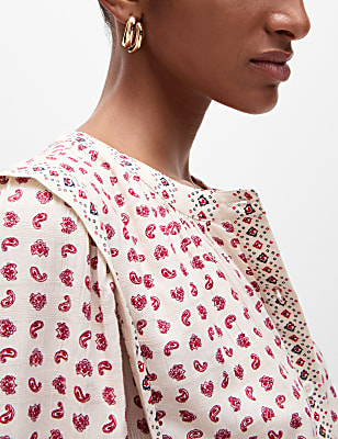 Cotton Blend Printed Crew Neck Blouse