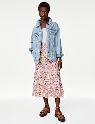 Pure Cotton Floral Midaxi Tiered Skirt