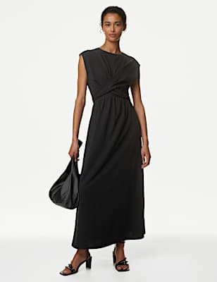 Pure Cotton Round Neck Midi Wrap Dress