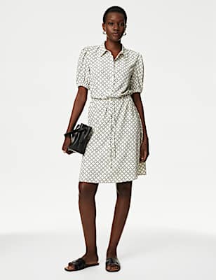 Printed Collared Tie Waist Mini Shirt Dress