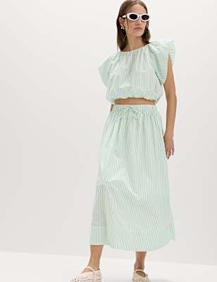 Pure Cotton Striped Midi Circle Skirt