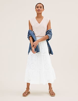 Pure Cotton Broderie Midi Tiered Skirt