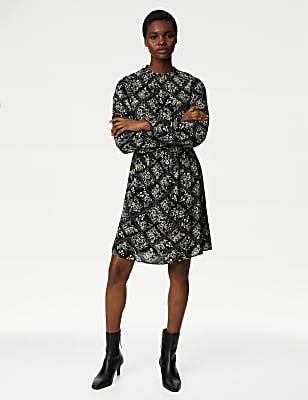 Printed Funnel Neck Mini Skater Dress