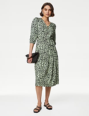 Printed Tie Neck Midi Tiered Dress