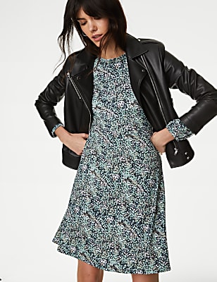 Jersey Printed Round Neck Mini Skater Dress