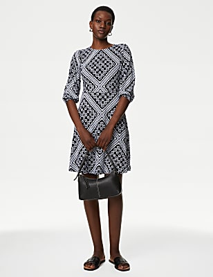 Printed Jersey Round Neck Mini Skater Dress