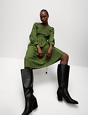 Pure Cotton Checked Midi Waisted Dress