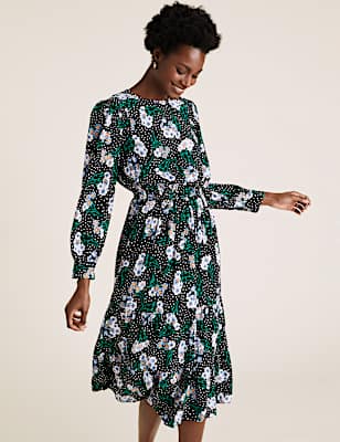 Floral Round Neck Midi Waisted Dress