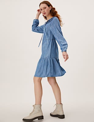 Pure Tencel Plain V-Neck Dress