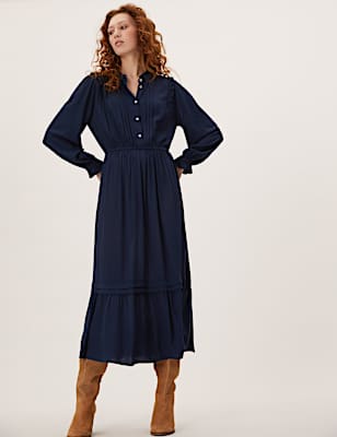 Pintuck Button Front Midi Waisted Dress