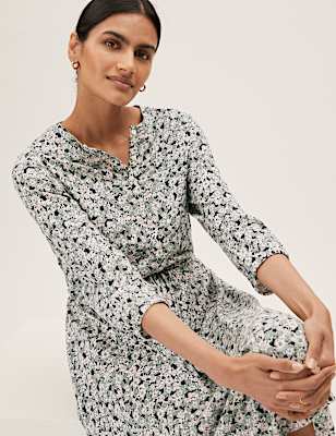 Pure Cotton Floral Midi Waisted Dress