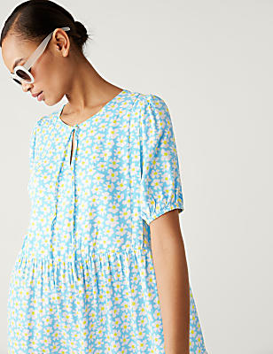 Printed Tie Neck Mini Tiered Dress