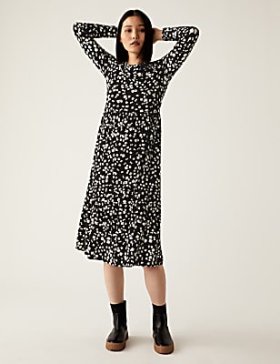 Jersey Printed Round Neck Midi Tiered Dress