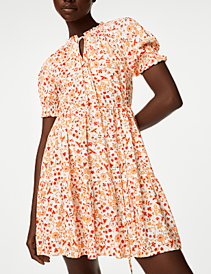 Printed Tie Neck Mini Tiered Dress
