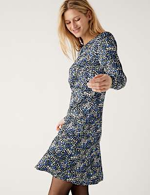 Jersey Printed Round Neck Mini Skater Dress