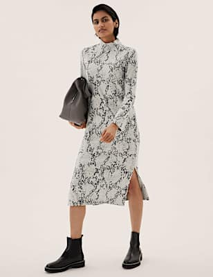 Animal Print High Neck Midi Column Dress