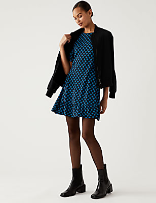 Jersey Printed Round Neck Mini Skater Dress