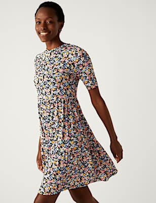 Jersey Printed Knee Length Tiered Dress