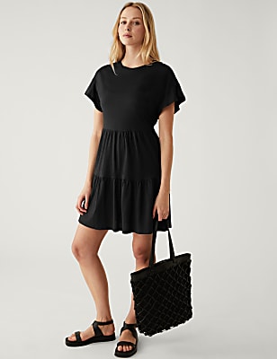 Pure Cotton Round Neck Mini Tiered Dress