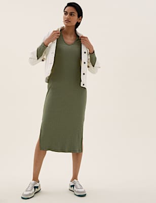 Ribbed V-Neck Midi Column Dress
